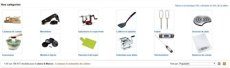 Amazon propose près de 190 000 produits dans sa catégorie : Couteaux et ustensiles de cuisine