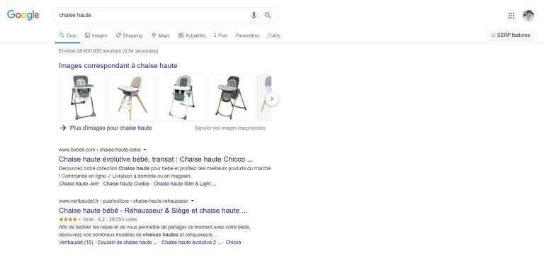 Requête sur Google : Chaise Haute
