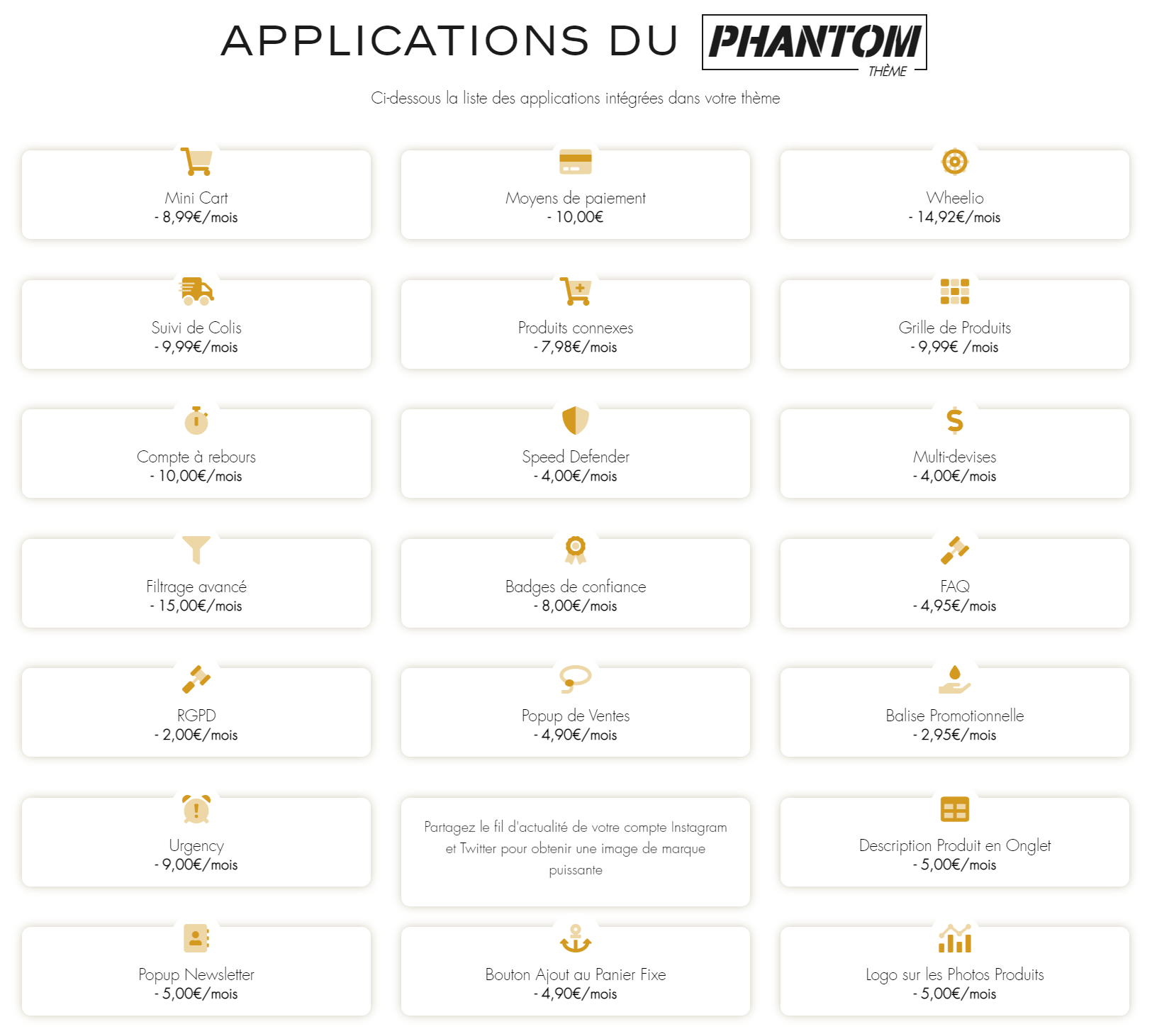 Apps Shopify intégrés au thème Phantom