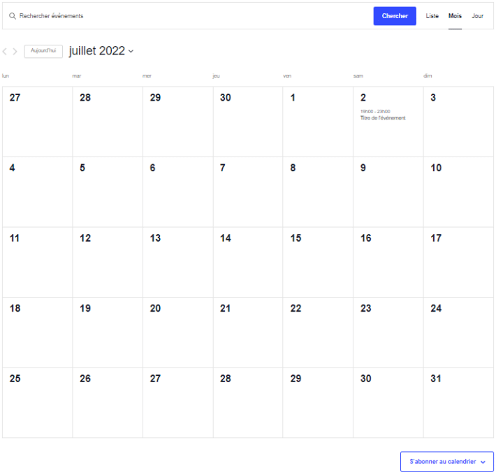 Calendrier événements avec The Events Calendar
