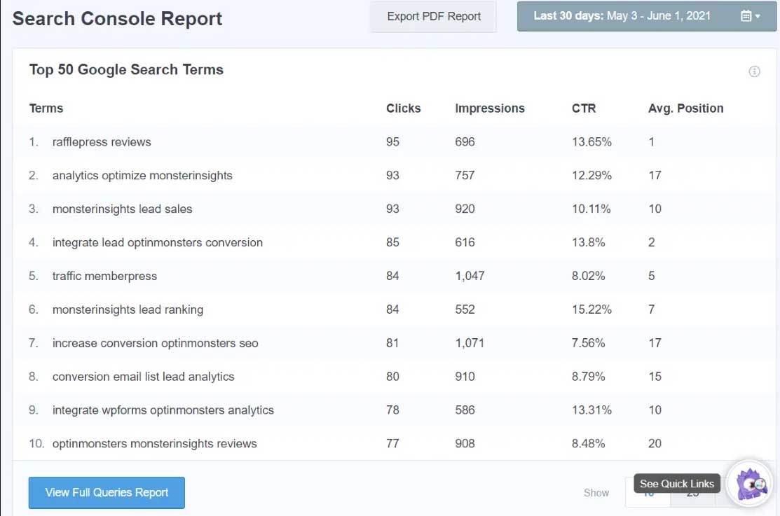 MonsterInsights Search Console