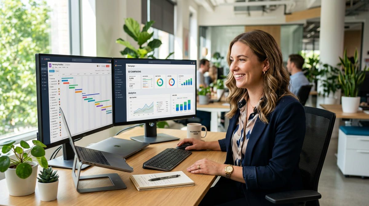 Marketeuse sereine devant son workflow