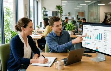 Responsables marketing et ventes en réunion - Planification et analyses sur HubSpot CRM