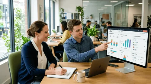 Responsables marketing et ventes en réunion - Planification et analyses sur HubSpot CRM
