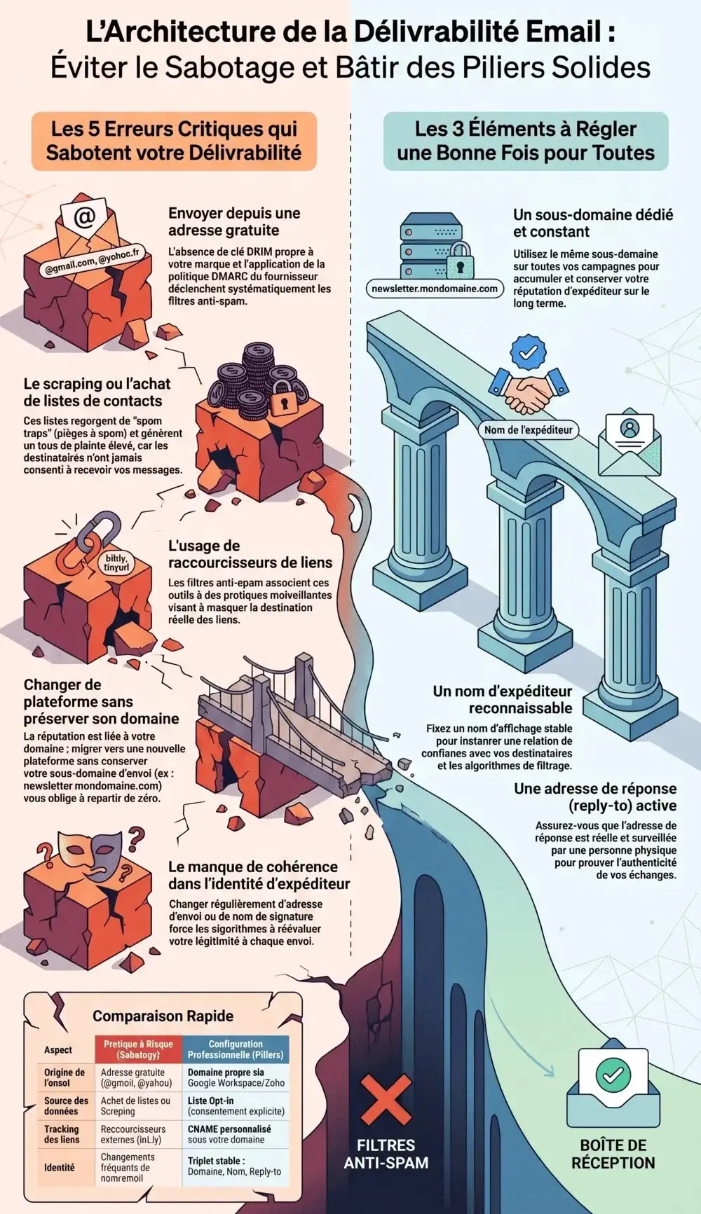 Infographie de l'architecture de la délivrabilité email : les 5 erreurs critiques et les 3 éléments à régler