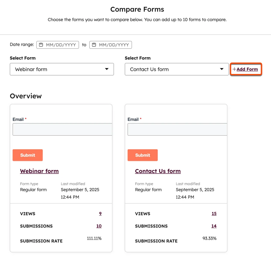 HubSpot Forms - Comparatif de formulaires (A/B testing)