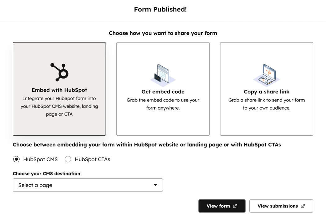 HubSpot Forms - Publication ou partage du formulaire