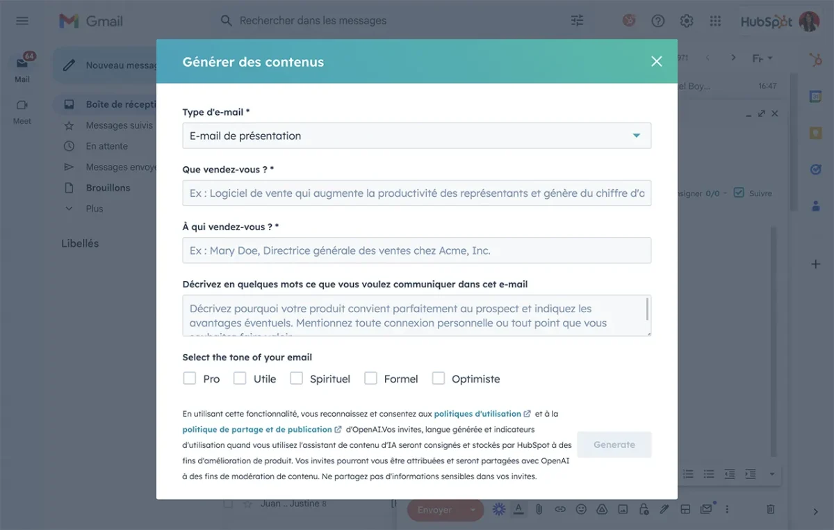 Générateur d'emails IA gratuit de HubSpot