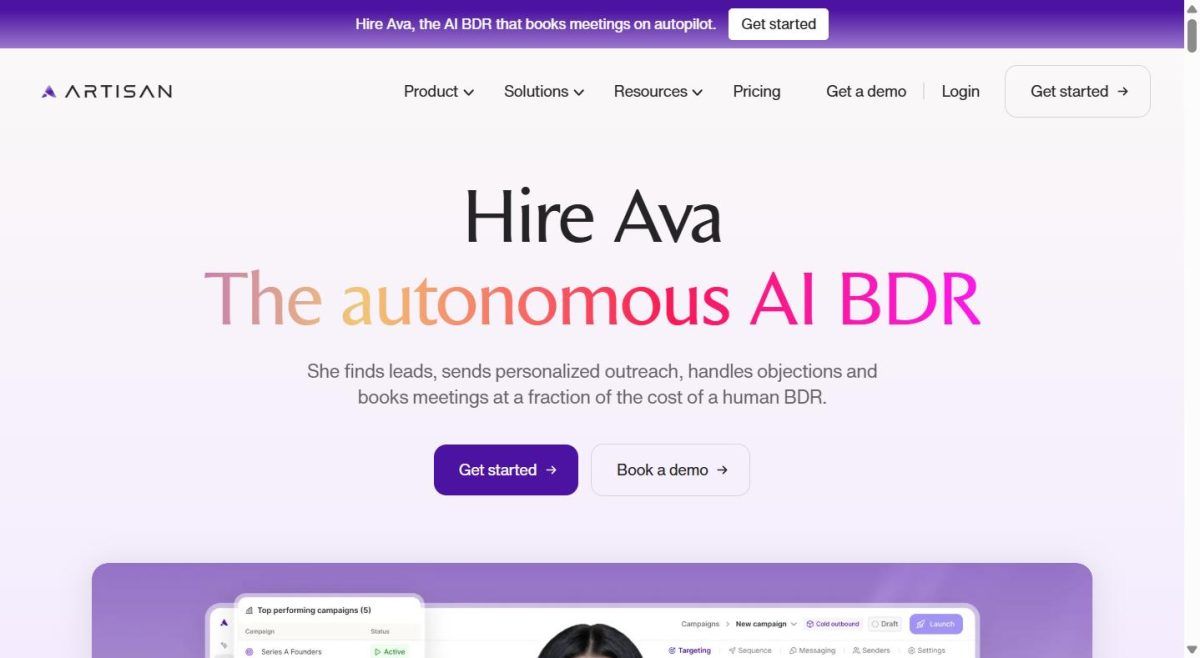 Capture d'écran du site officiel Artisan présentant Ava, l'agent IA BDR autonome pour la prospection commerciale
