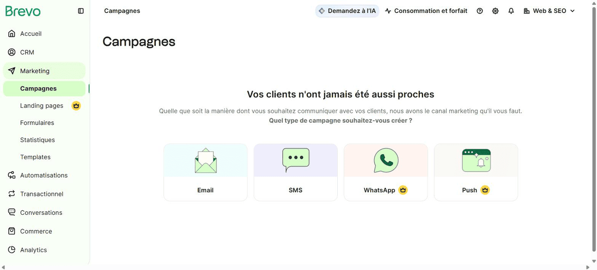 Écran de création de campagne Brevo proposant les canaux Email, SMS, WhatsApp et Push
