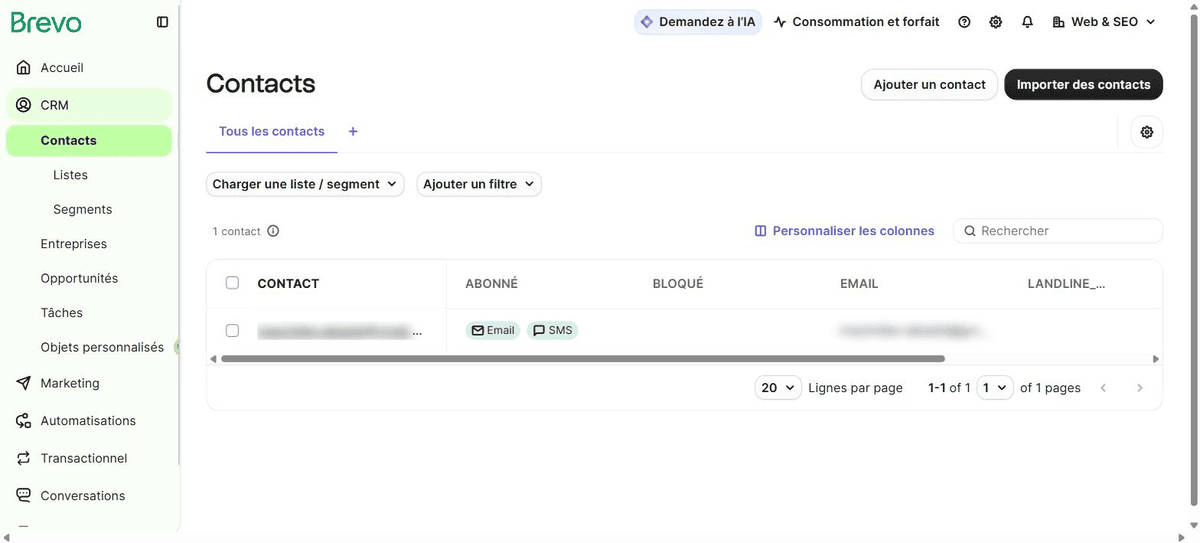 Vue Contacts du CRM Brevo montrant le statut d'abonnement Email et SMS d'un contact