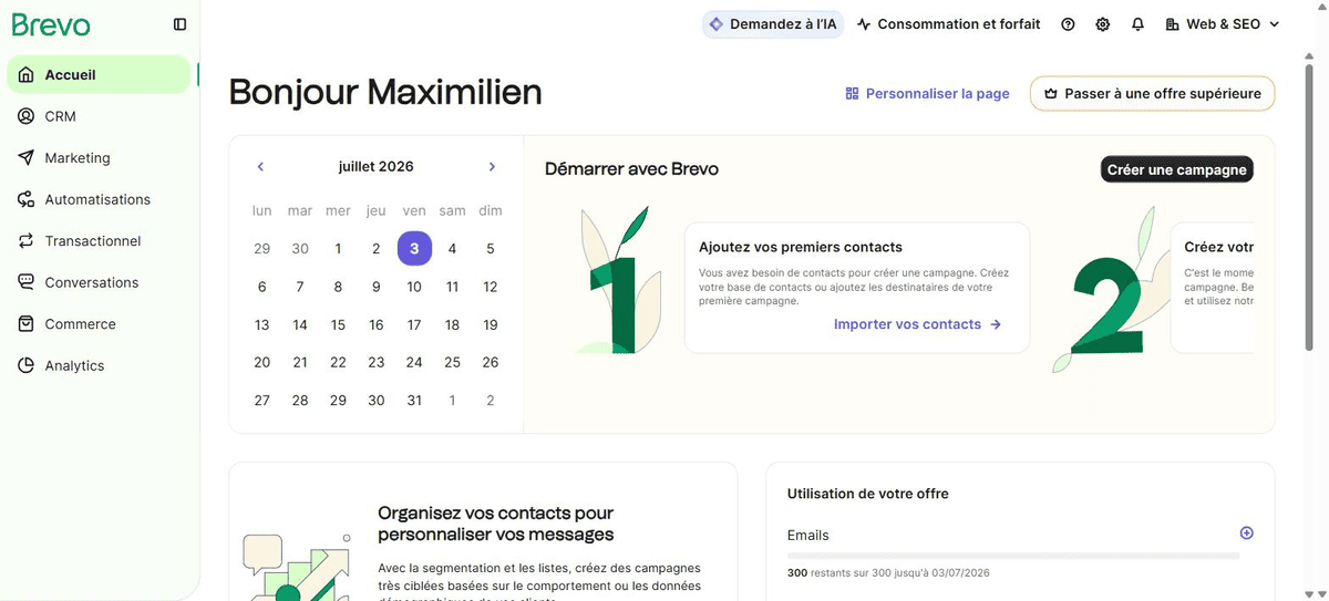 Tableau de bord d'accueil de Brevo avec calendrier, démarrage rapide et suivi de la consommation d'e-mails