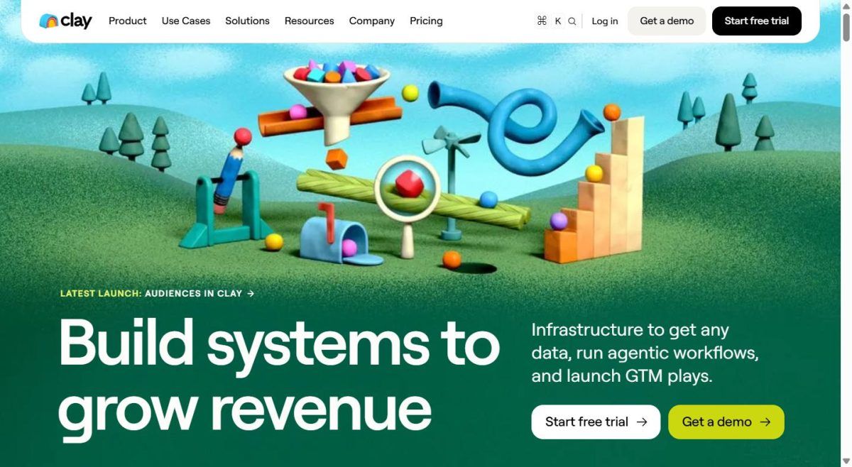 Capture d'écran du site officiel Clay, l'infrastructure de données et de workflows agentiques GTM pour l'enrichissement de leads