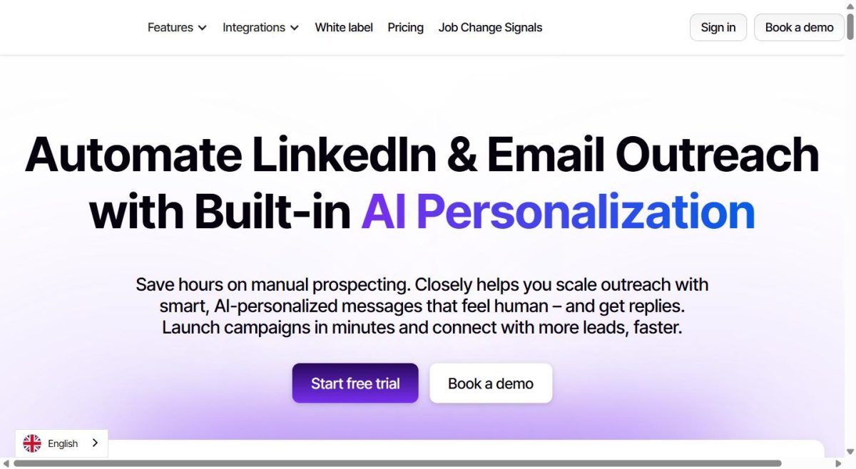 Capture d'écran du site officiel Closely, l'outil d'automatisation LinkedIn avec personnalisation IA pour la prospection