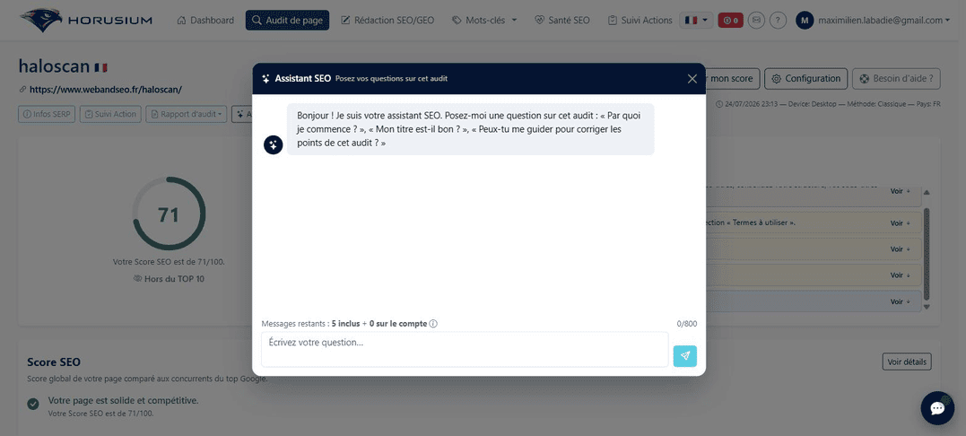 Assistant SEO conversationnel de Horusium rattaché à un audit, avec son compteur de messages restants
