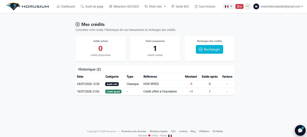 Historique des crédits Horusium avec le crédit offert à l'inscription et l'audit consommé
