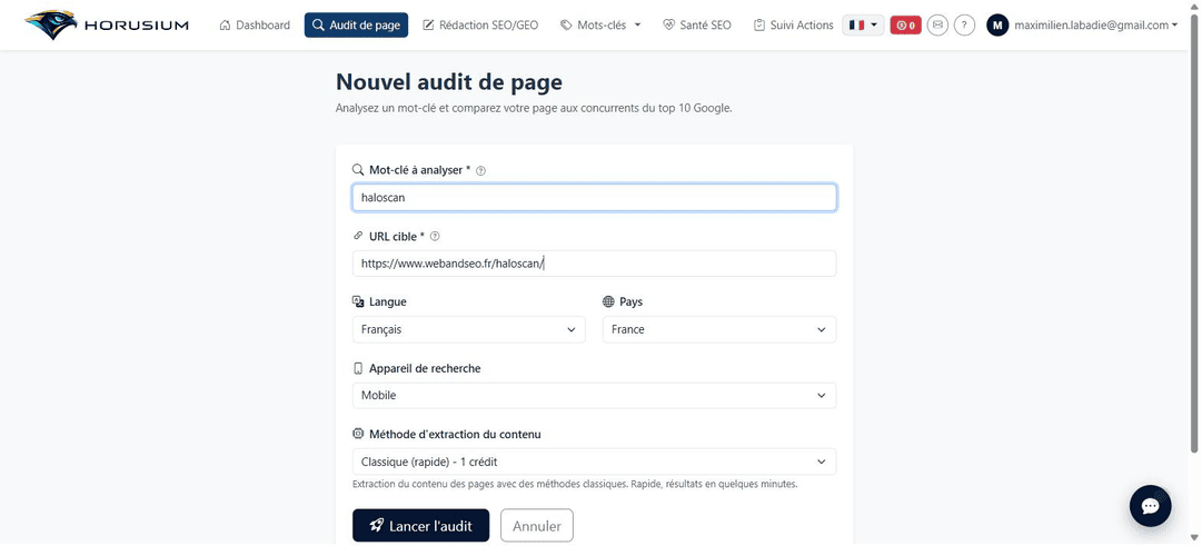 Formulaire de configuration d'un nouvel audit de page Horusium : mot-clé, URL cible, langue, pays et appareil