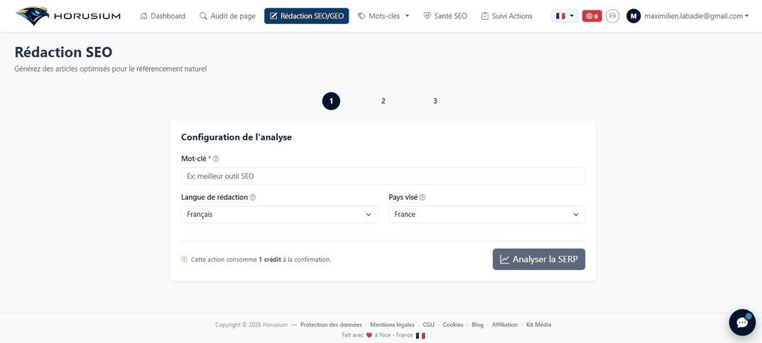 Première étape de la rédaction SEO Horusium : configuration de l'analyse avec mot-clé, langue et pays visé