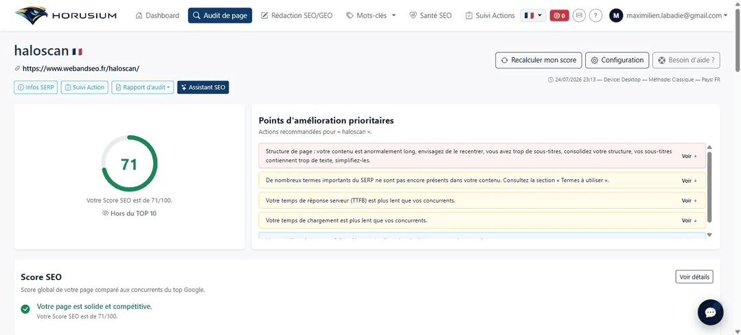 Score SEO de 71 sur 100 et points d'amélioration prioritaires affichés dans un audit Horusium