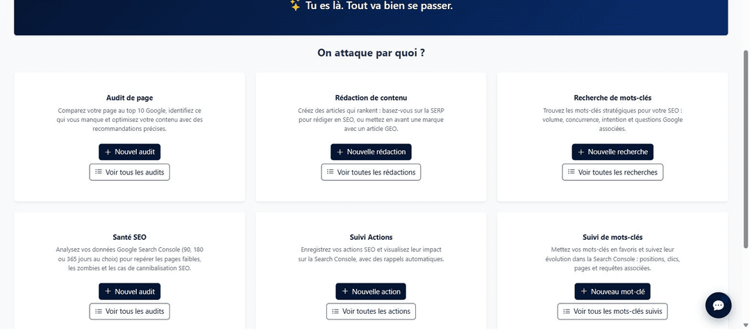 Tableau de bord Horusium et ses six modules : audit de page, rédaction, mots-clés, santé SEO, suivi d'actions et suivi de mots-clés