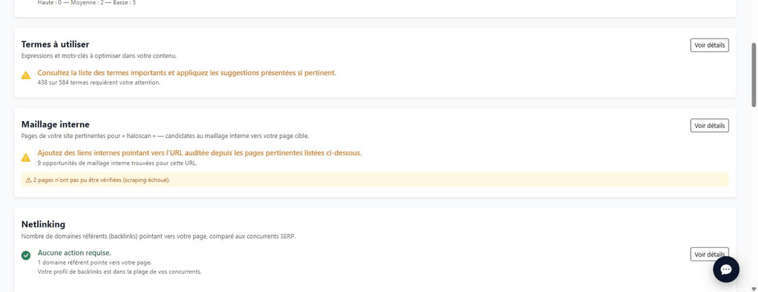 Modules termes à utiliser, maillage interne et netlinking d'un audit de page Horusium