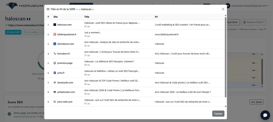 Titles et H1 des concurrents du top 10 Google analysés par Horusium pour le mot-clé haloscan