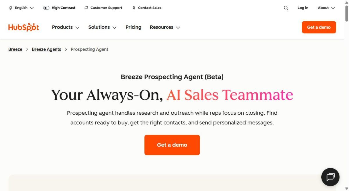 Capture d'écran de la page officielle HubSpot Breeze Prospecting Agent, l'agent IA de prospection commerciale