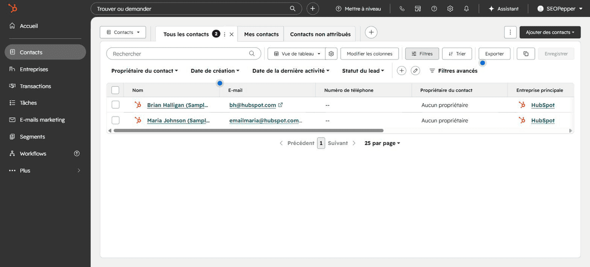 Interface HubSpot affichant la liste des contacts du CRM avec colonnes nom, e-mail et propriétaire