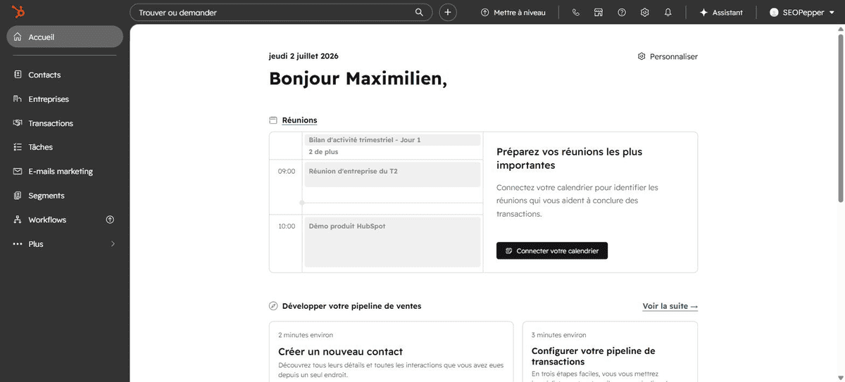 Tableau de bord d'accueil de HubSpot avec réunions à venir et étapes de configuration