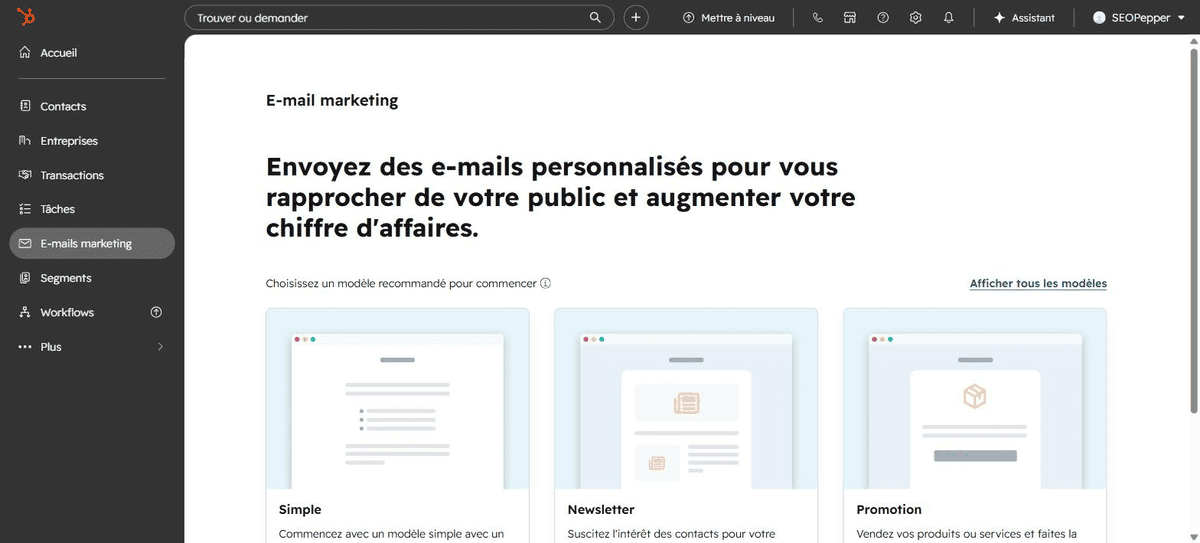 Section e-mail marketing de HubSpot avec choix de modèles Simple, Newsletter et Promotion