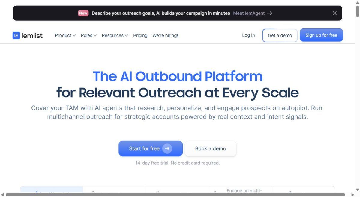 Capture d'écran du site officiel lemlist présentant lemAgent, le système multi-agents IA pour l'outbound commercial