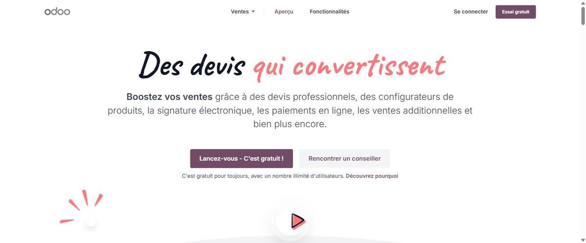 Application Ventes d'Odoo avec configurateur de produits et devis en ligne