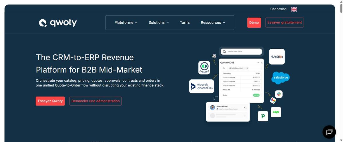 Qwoty, plateforme CPQ française reliant le CRM à l'ERP