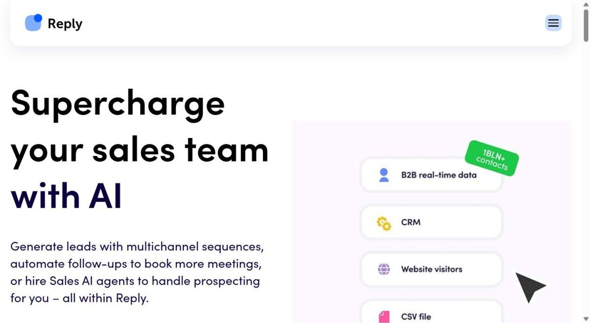 Capture d'écran du site officiel Reply.io présentant Jason AI, l'agent IA de prospection sur la plateforme d'engagement commercial