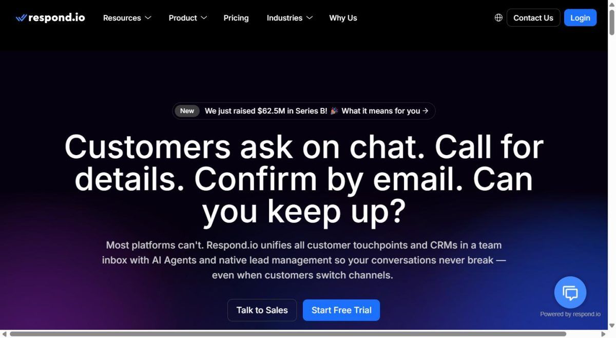 Capture d'écran du site officiel Respond.io, la plateforme de gestion de conversations clients IA multicanal