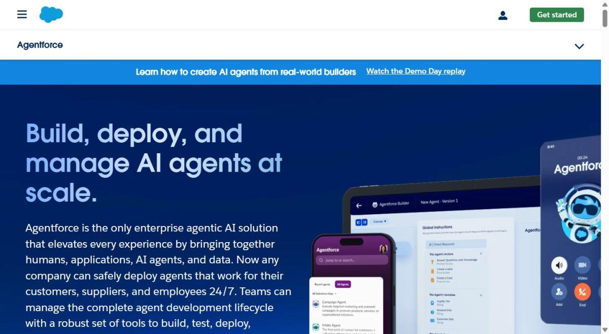 Capture d'écran de la plateforme Agentforce de Salesforce, l'agent IA pour l'orchestration des agents de prospection
