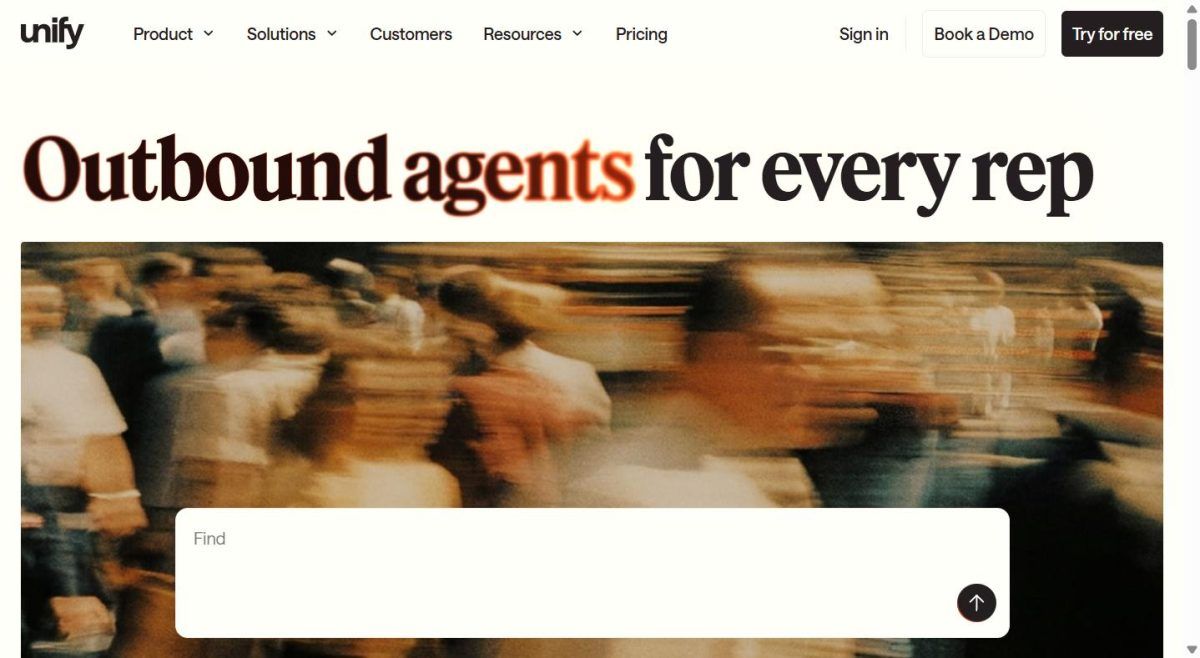 Capture d'écran de la page officielle Unify, l'outil d'agents outbound agnostiques du CRM pour la prospection IA