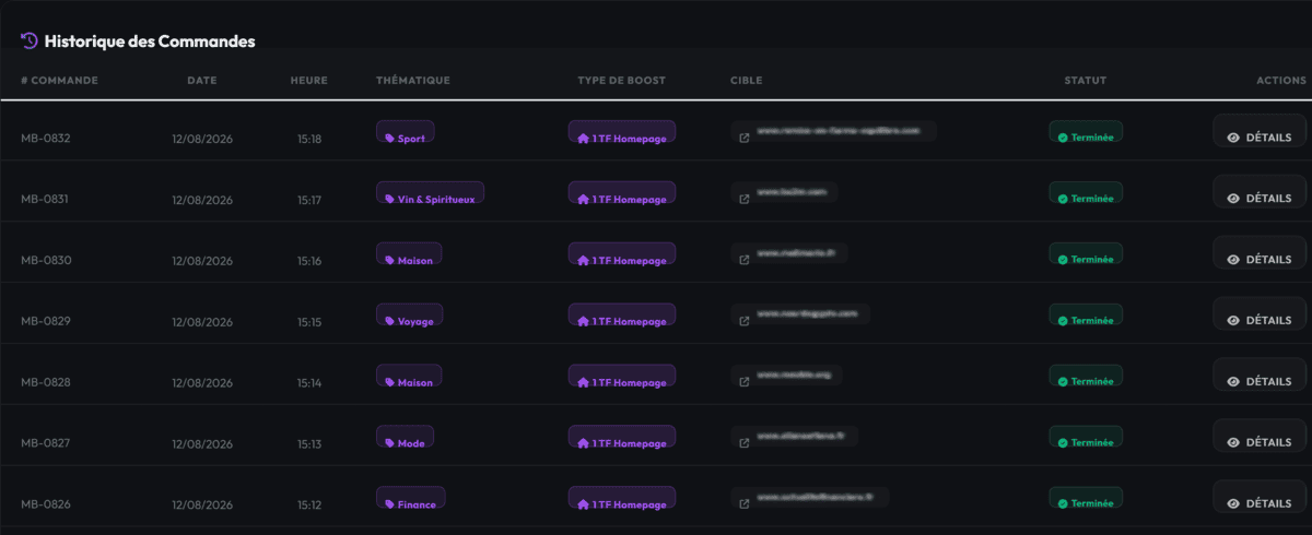 Historique des 26 commandes de boost TF homepage passées sur Metrics Booster