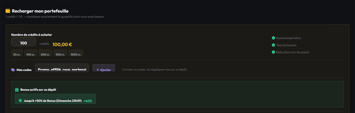 Page de rechargement de crédits Metrics Booster avec bonus de dépôt et code partenaire