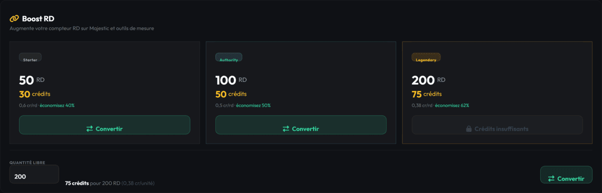 Paliers de prix dégressifs du Boost RD Metrics Booster : 50, 100 et 200 domaines référents