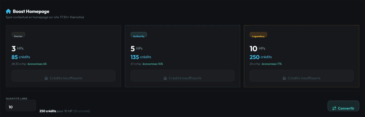 Packs Boost Homepage TF30+ Metrics Booster et conversion des crédits en spots