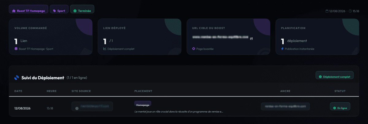 Détail d'une commande Metrics Booster avec le suivi de déploiement du lien homepage