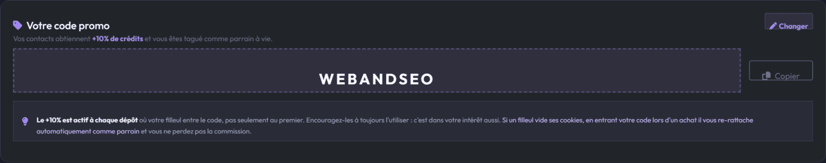 Champ de code promo Metrics Booster offrant +10 % de crédits sur chaque recharge