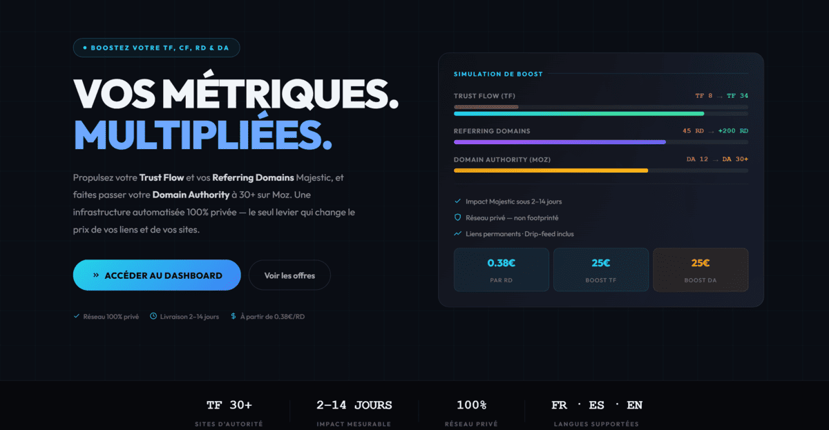 Page d'accueil de Metrics Booster avec le simulateur de boost TF, RD et DA