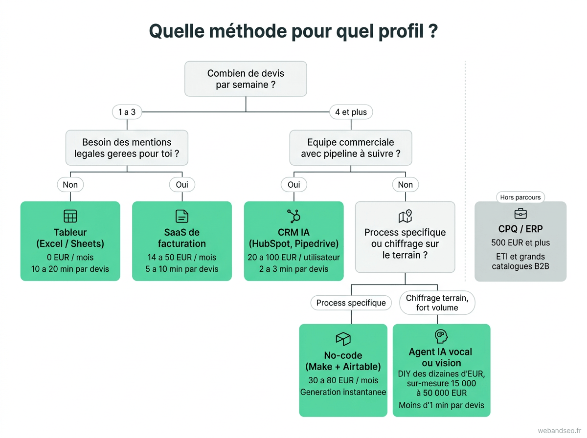 Arbre de décision pour choisir un outil de devis automatisé selon le volume de devis, le besoin de conformité et le profil d'activité