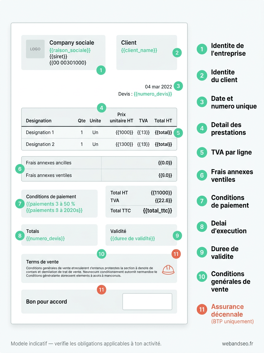 Maquette annotée d'un devis conforme avec les mentions obligatoires numérotées et l'assurance décennale pour les artisans du BTP