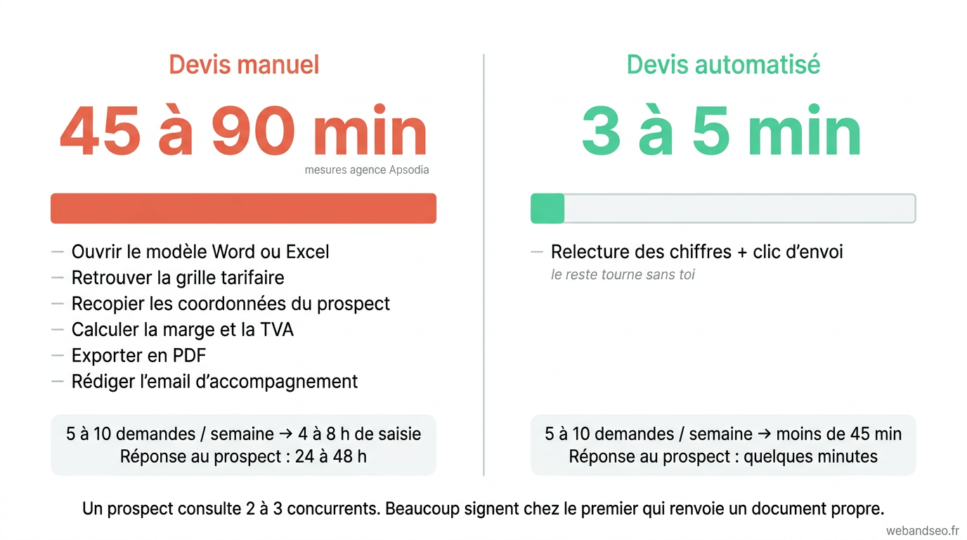 Comparatif du temps de production d'un devis : 45 à 90 minutes en manuel contre 3 à 5 minutes en automatisé