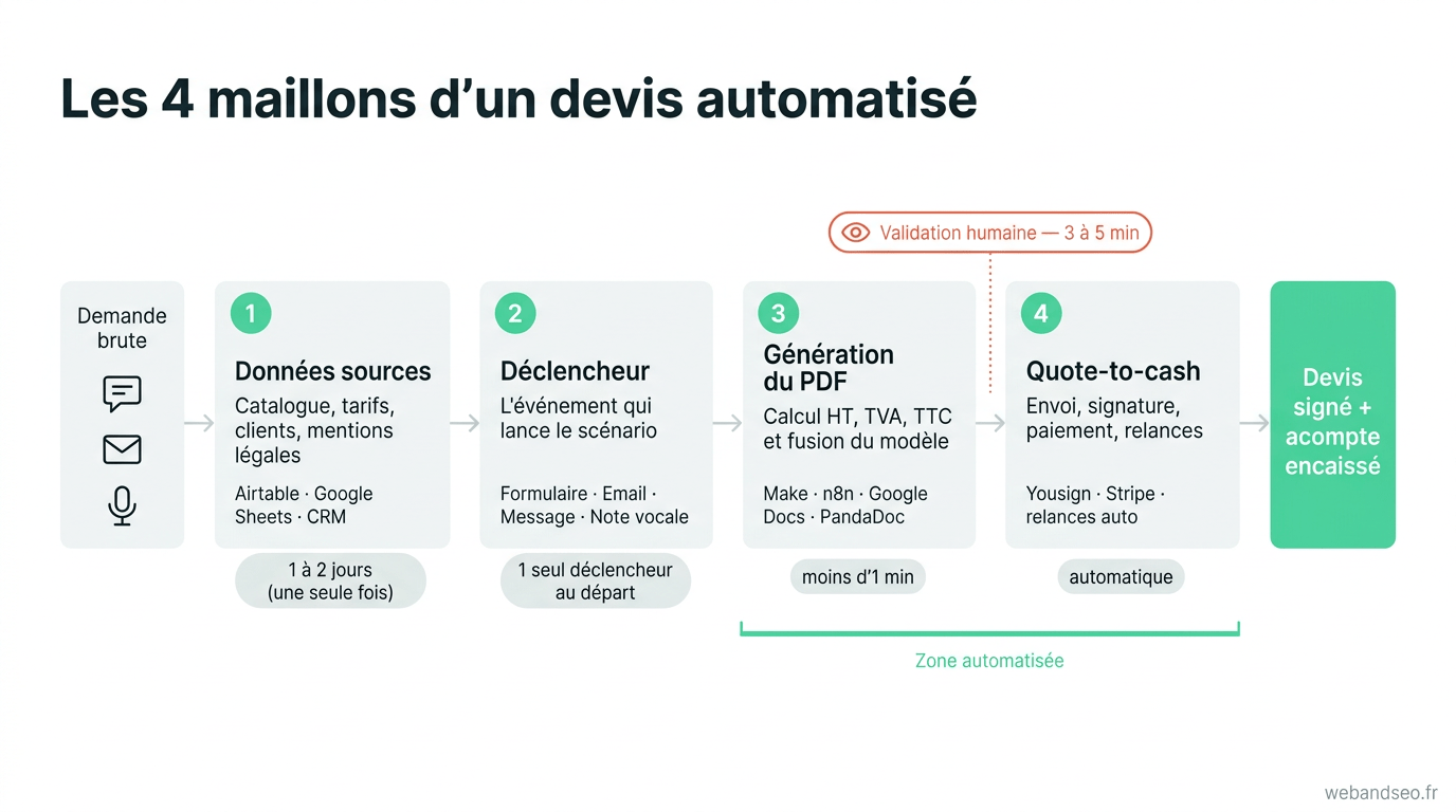 Schéma des 4 étapes d'un devis automatisé : données sources, déclencheur, génération du PDF et chaîne quote-to-cash
