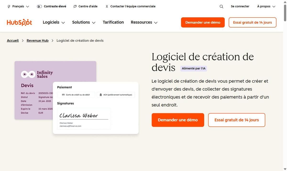 Devis en ligne HubSpot avec signature électronique et options de paiement par carte ou prélèvement