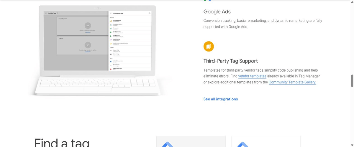 Panneau de configuration d'un tag dans Google Tag Manager avec les types de balises Google Ads disponibles